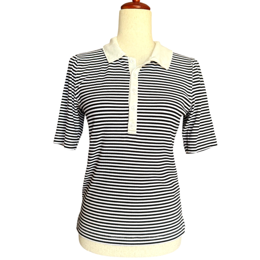 Spanx Striped Polo Top Black White Stretch Stretch Fit Short Sleeve Size M NWT